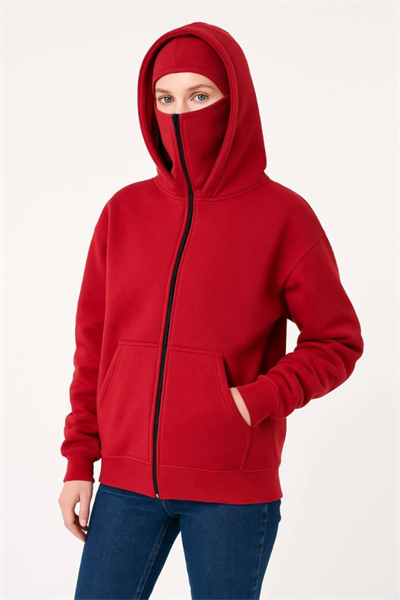 Samuray Ninja Çift Kapüşonlu Hoodie Oversize Kanguru Cepli, Bahar - Kışlık Fermuarlı Sweatshirt- Kırmızı