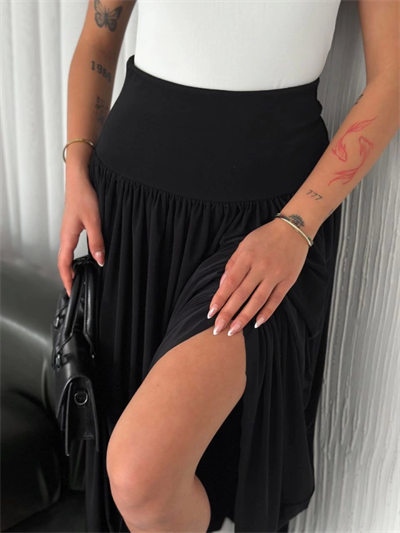 Sandy Uzun Yüksel Bel Etek - Siyah