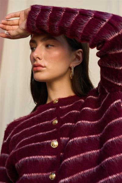 Şardonlu İnce Çizgili Hırka - Bordo-Vanilya