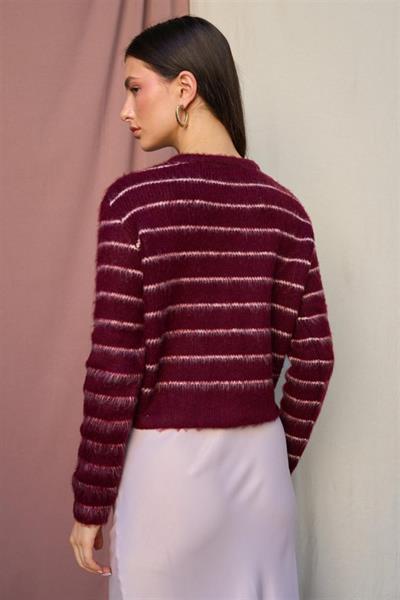 Şardonlu İnce Çizgili Hırka - Bordo-Vanilya