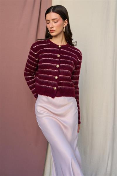 Şardonlu İnce Çizgili Hırka - Bordo-Vanilya