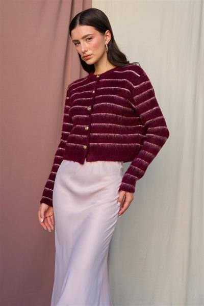 Şardonlu İnce Çizgili Hırka - Bordo-Vanilya