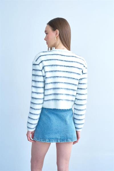 Şardonlu İnce Çizgili Hırka - Kemik-Lacivert