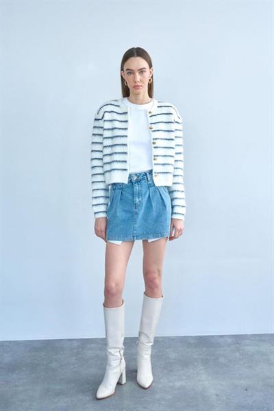 Şardonlu İnce Çizgili Hırka - Kemik-Lacivert