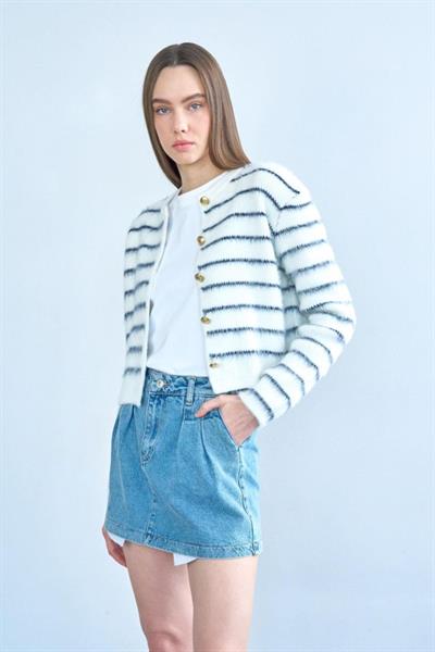 Şardonlu İnce Çizgili Hırka - Kemik-Lacivert