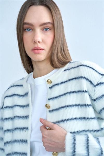 Şardonlu İnce Çizgili Hırka - Kemik-Lacivert