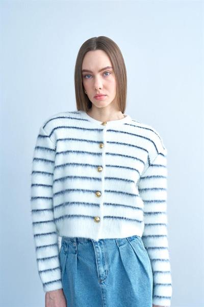 Şardonlu İnce Çizgili Hırka - Kemik-Lacivert