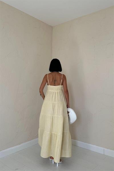 Sarı Askılı Parçalı Çizgili Müslin Elbise
