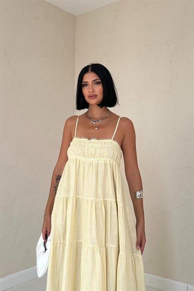 Sarı Askılı Parçalı Çizgili Müslin Elbise