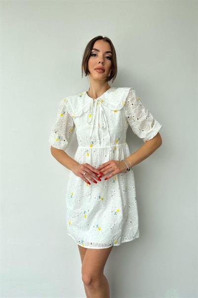 Sarı Bebe Yakalı Brode Elbise