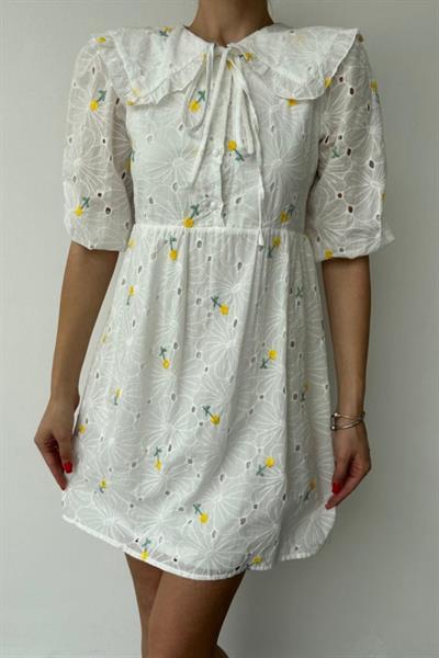 Sarı Bebe Yakalı Brode Elbise