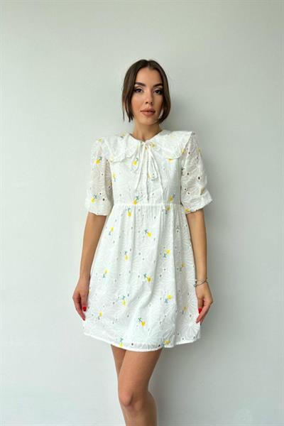 Sarı Bebe Yakalı Brode Elbise