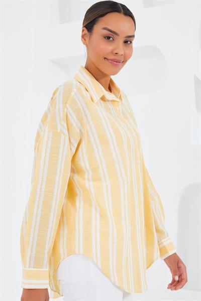 Sarı Beyaz Çizgili Oversize Keten Gömlek 20251