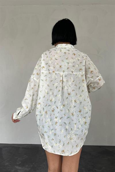 Sarı Brode Çiçek Nakışlı Klasik Gömlek