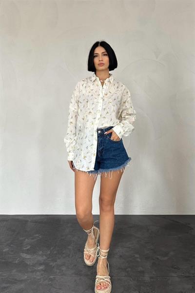 Sarı Brode Çiçek Nakışlı Klasik Gömlek