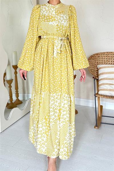 Sarı Çiçek Desenli Beli Kuşaklı Hakim Yaka Elbise