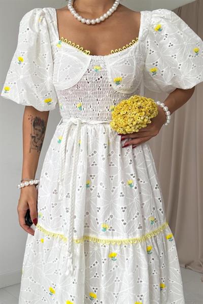 Sarı Dantel Detaylı Brode Elbise