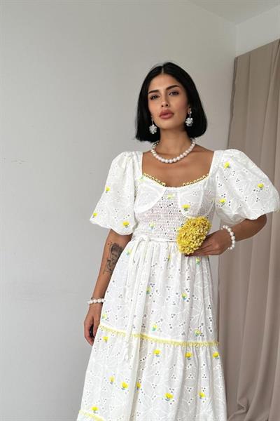 Sarı Dantel Detaylı Brode Elbise
