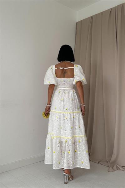 Sarı Dantel Detaylı Brode Elbise