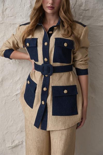 Sarı Garnili Cepli Gömlek Ve Pantolon Takım