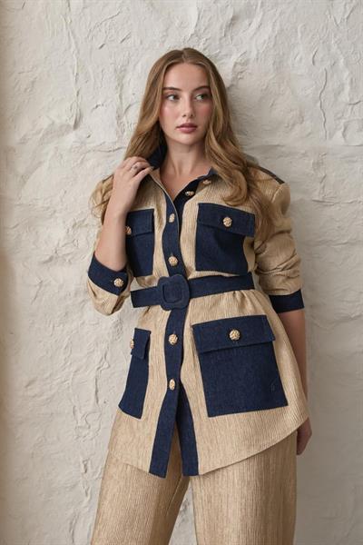 Sarı Garnili Cepli Gömlek Ve Pantolon Takım