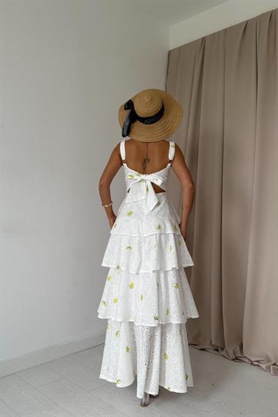 Sarı Kat Kat Arkası Bağlamalı Elbise