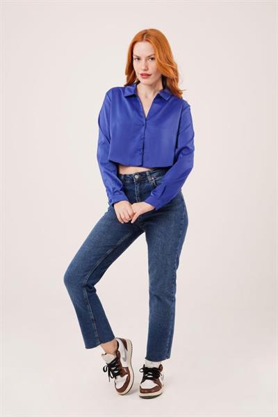 Saten Crop Model Lacivert Gömlek