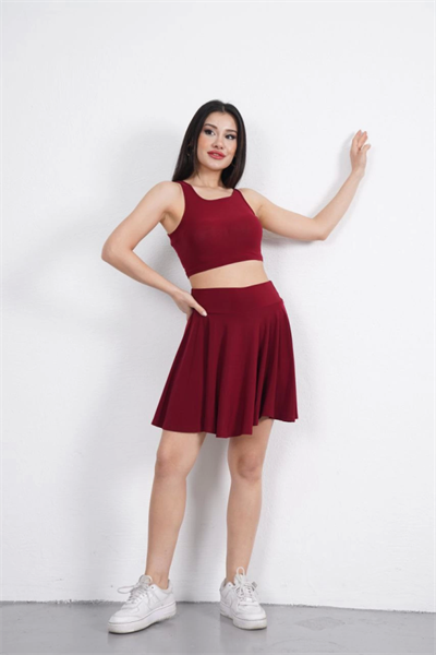 Sendy Kumaş Bisiklet Yaka Crop Şortlu Etek Ikili Takım - Bordo