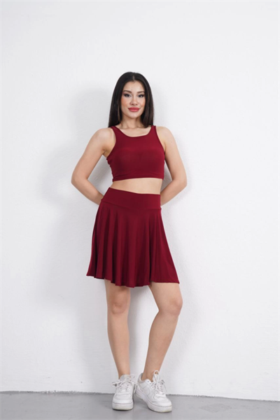 Sendy Kumaş Bisiklet Yaka Crop Şortlu Etek Ikili Takım - Bordo