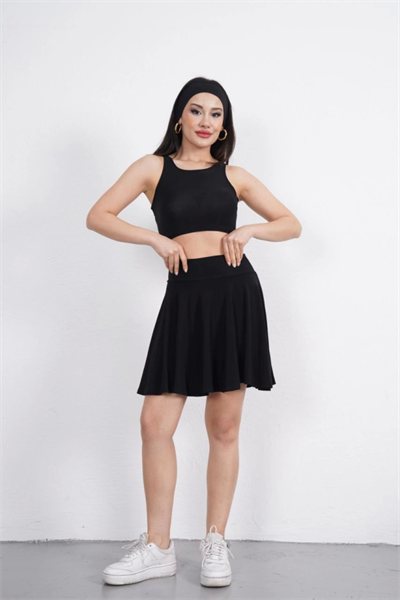 Sendy Kumaş Bisiklet Yaka Crop Şortlu Etek Ikili Takım - Siyah