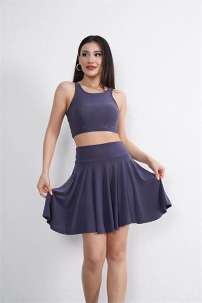 Sendy Kumaş Bisiklet Yaka Crop Şortlu Etek Ikili Takım - Antrasit