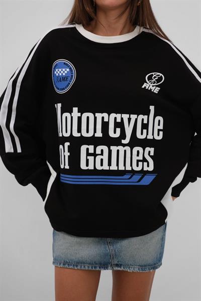 Şerit Detay Baskılı Oversize Sweatshirt