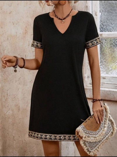 Şerit Detay V Yaka Yandan Cepli Viskon Elbise