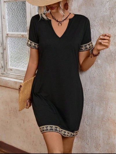 Şerit Detay V Yaka Yandan Cepli Viskon Elbise