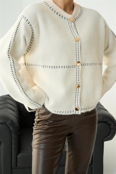 Şeritli Triko HIRKA - Krem-Siyah