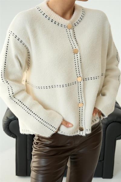 Şeritli Triko HIRKA - Krem-Siyah