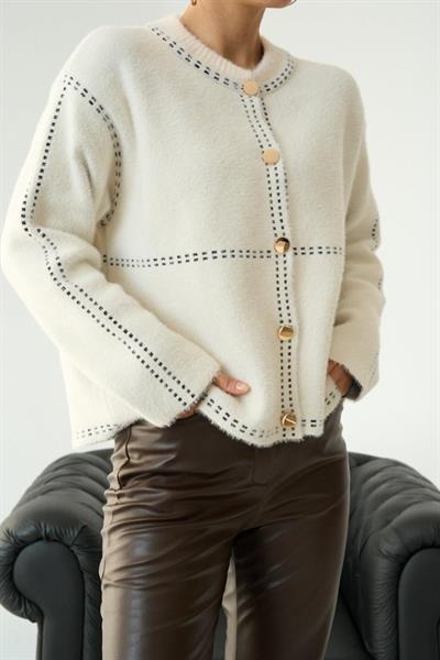 Şeritli Triko HIRKA - Krem-Siyah