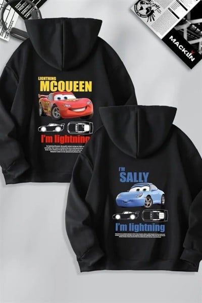 Sevgililer Günü Araba Baskılı Oversize Kapüşonlu Sweatshirt Hoodie - Siyah