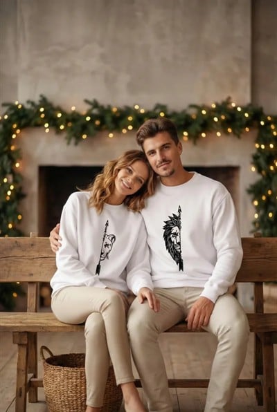 Sevgililer Günü Özel Bisiklet Yaka Aslan Baskılı Oversize Sweatshirt - Beyaz