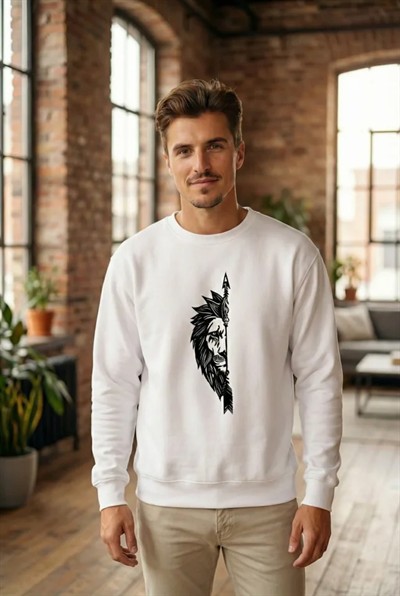 Sevgililer Günü Özel Bisiklet Yaka Aslan Baskılı Oversize Sweatshirt - Beyaz