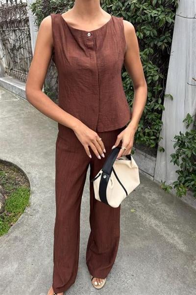 Sıfır Kollu Bluz Batik Desenli Pantolon İkili Takım 10181-08