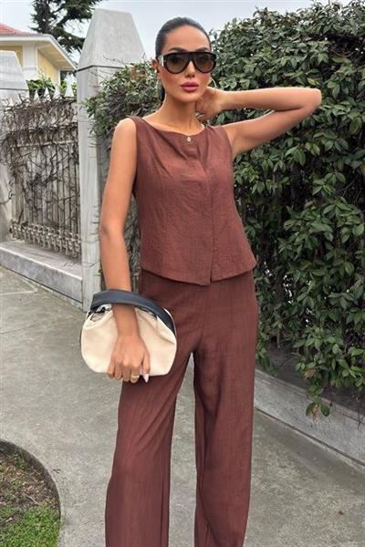 Sıfır Kollu Bluz Batik Desenli Pantolon İkili Takım 10181-08