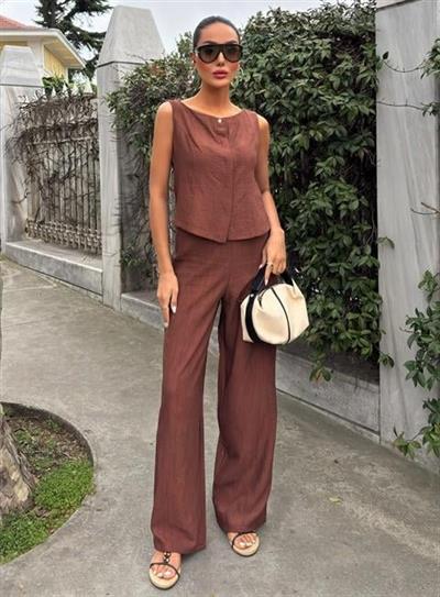 Sıfır Kollu Bluz Batik Desenli Pantolon İkili Takım 10181-08