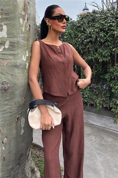 Sıfır Kollu Bluz Batik Desenli Pantolon İkili Takım 10181-08