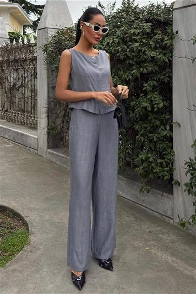 Sıfır Kollu Bluz Batik Desenli Pantolon İkili Takım 10181-08