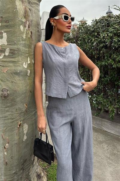 Sıfır Kollu Bluz Batik Desenli Pantolon İkili Takım 10181-08