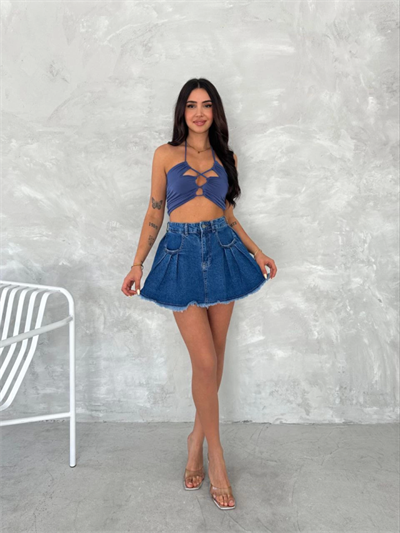 Şık Pileli Yazlık Mini Etekli Kot- Saks Mavisi