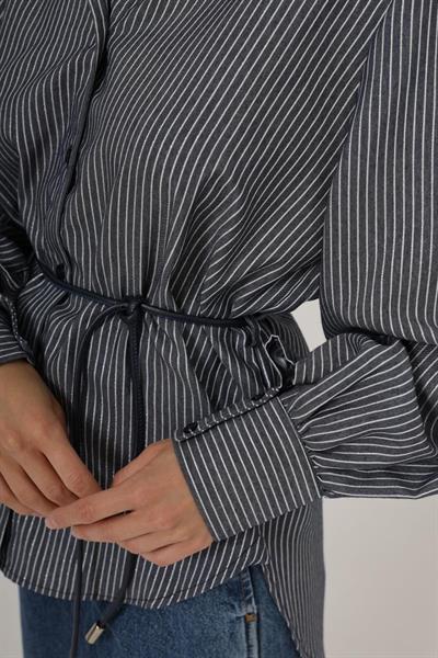 Simli Çizgili Kemerli Gömlek - Lacivert