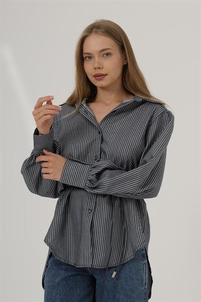 Simli Çizgili Kemerli Gömlek - Lacivert