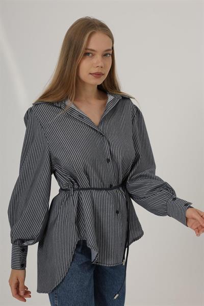 Simli Çizgili Kemerli Gömlek - Lacivert